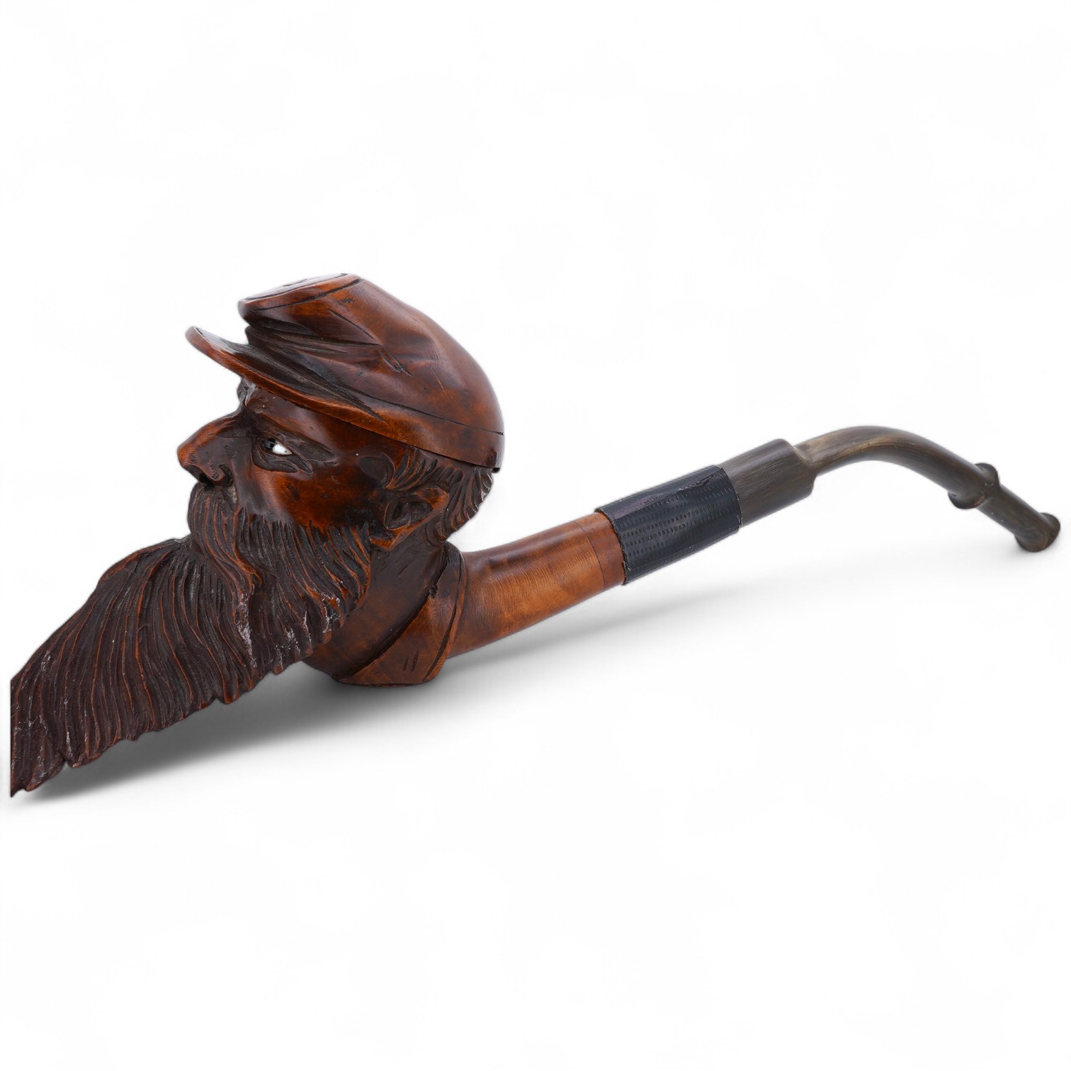 An American Civil War briar pipe in the form of the head of a bearded soldier, with horn mouthpiece, 23cm long